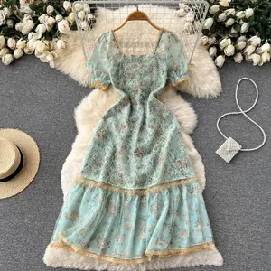 New Design Fashion Puff Sleeve Floral Printed Elegant Business Dress Summer lace Tea Dress Women