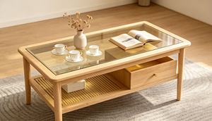Modern <b>Solid</b> <b>Wood</b> Coffee <b>Table</b> with Tempered Glass <b>Top</b> Storage Shelf Scandinavian Living Room Furniture - Product Image 5