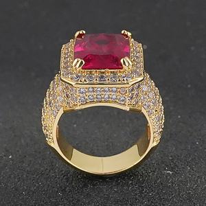 Anillos de Latón Chapados en Oro con Circonita Cúbica Roja y Rubíes, Hechos a Mano Directamente de Fábrica, para Hombre, Estilo Hip Hop - Product Image 3