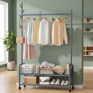 Minimalist Metal Clothing <b>Rack</b> With Wheels Three-Layer Storage Shelf For Wardrobe Standing Type Multifunctional Design - Product Image 6