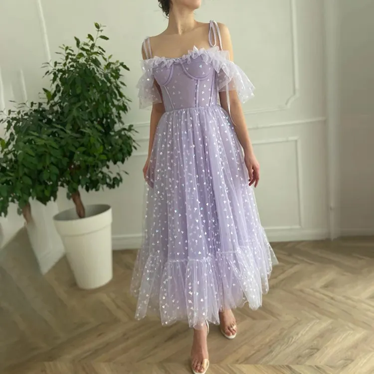OEM Factory Custom Vestido De Fiesta Corto Elegant Spaghetti Strap A Line Lace 2021 Evening Gowns Tulle Purple Mesh Prom Dress