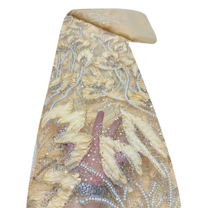 Tessuto in <span class=keywords><strong>Pizzo</strong></span> Ricamato 3D con Perline, Ecologico e di Lusso, Motivo Floreale in Rete Francese, 100% Poliestere, Modello 1N25112301 - Product Image 4