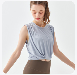 Débardeur de yoga court pour femme, à ourlet froncé, sans manches, col rond, ample, respirant, pour l'entraînement, le Pilates et le sport, vente en gros - Product Image 4