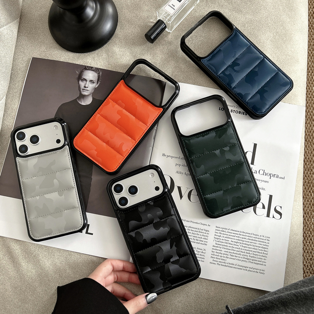 3D the Puffer Phone Case for iPhone Air 17 16 15 14 13 Pro Max Camouflage Down Jackets Cool Soft Touch Cotton Filled Back Cover