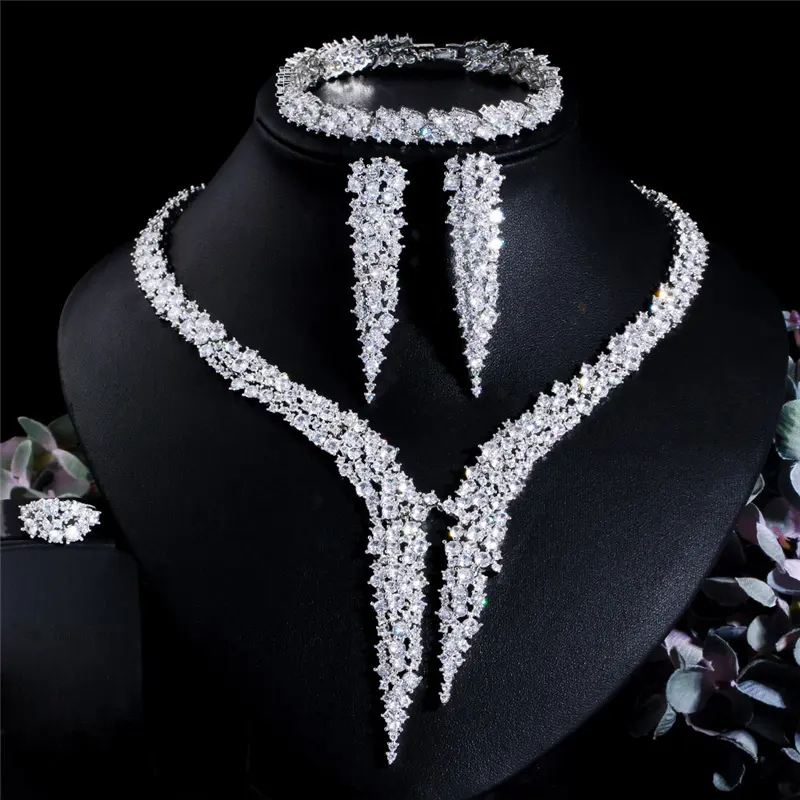 Nobre brasileiro Cubic Zircoin casamento nupcial brinco de quatro peças colar anel pulseira jóias set para a menina mulheres