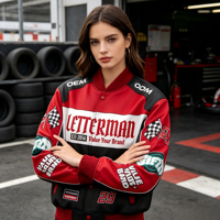 Blouson universitaire de moto de course personnalisable à manches longues, avec empiècements contrastés et broderie personnalisée, style streetwear tendance