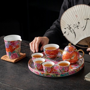 Service à thé en émail de style chinois, théière en porcelaine Kung Fu avec couvercle, coffret cadeau, usage domestique, année du Dragon 2024 - Product Image 2