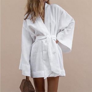 Women's V-Neck Kimono <b>Cardigan</b> Mini <b>Dress</b> Floral Cotton Linen Long Sleeve Sashes <b>Dresses</b> Robe Style Lace Natural Waist <b>Summer</b> - Product Image 2