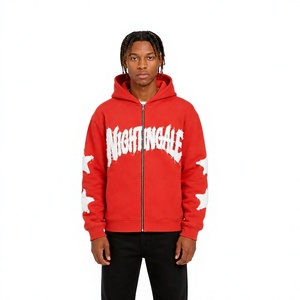 Premium Distressed Typography Zip Up <b>Fleece</b> <b>Hoodie</b> Oversized Heavyweight Urban Street Fashion Distressed Applique <b>Hoodie</b> - Product Image 1