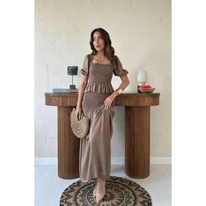 Vestido de Lino Moccah Gipeli con Cintura Elástica, Cuello Cuadrado, Fruncido, Corte Holgado, Estilo Casual - Product Image 5