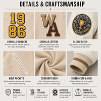 Veste universitaire en velours côtelé personnalisée, numéros en chenille, manches brodées, écusson, boutons-pression, style Letterman, fabrication OEM