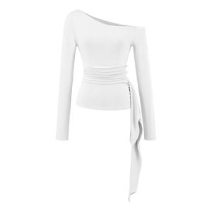 T-shirt décontracté en coton respirant à manches longues pour adulte, avec épaules asymétriques et taille cintrée, design élégant, teinture unie - Product Image 3