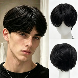 8 inch synthetische korte pruik voor heren, natuurlijk zwart met pony, rozen netkap, natuurlijk uitziend, dagelijkse pruik voor mannen, rechtstreeks van de fabriek - Product Image 1
