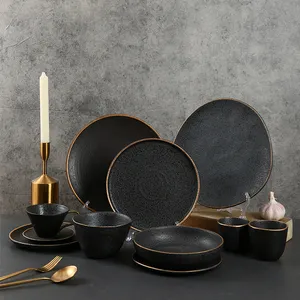 Wholesale Modern Unique Texture Stoneware Black Gold Rim Ceramic Plates And Bowls Dinner Set Luxury Plates Dinnerware Sets