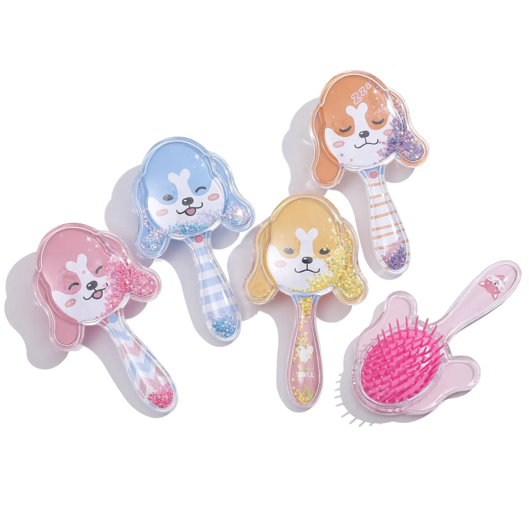 Haute Qualité Bling Dessin Animé Coussin Brosse À Cheveux Confettis Mini Taille Poche Brosse À Cheveux Chien Transparent Forme Portable Brosse À Cheveux