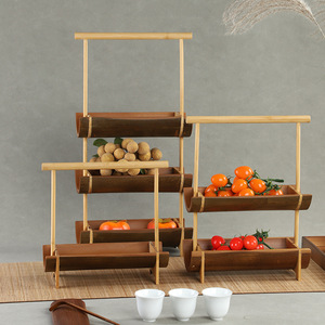 Bamboo Tea And <b>Snack</b> <b>Tray</b> Three Tiered With Handle Handmade Decorative For Home Living Room - Product Image 4