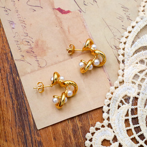 Geometric Pearl C-Shaped <b>Stud</b> Earrings Gold 18K Wrapped <b>Titanium</b> Steel Everyday Wear - Product Image 3