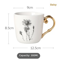 Mug en céramique de style européen simple avec anse dorée, motif floral tournesol blanc, tasse à café de luxe léger en stock