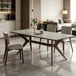 Ensemble <span class=keywords><strong>de</strong></span> salle à manger <span class=keywords><strong>4</strong></span> à 6 <span class=keywords><strong>chaises</strong></span> gris avec <span class=keywords><strong>chaises</strong></span> modernes ovales <span class=keywords><strong>de</strong></span> luxe en teck et pierre frittée pour table à manger en <span class=keywords><strong>bois</strong></span> massif - Product Image 2