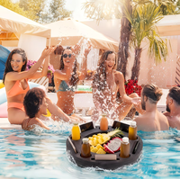 Grand plateau flottant pour boissons, noir, rond, 5 trous pour gobelets, table de piscine gonflable, plateau de service portable pour collations