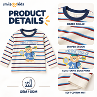 T-shirt à manches longues rayé avec imprimé ours personnalisé pour enfants, haut pour tout-petits garçons et filles, fournisseur de vêtements en gros OEM ODM