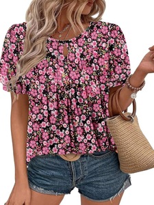 Dropshipping Shopify Blusa Túnica Casual de Verano para Mujer, Tallas Grandes, Estampado Floral, Cuello Redondo, Manga Corta, Fruncida - Product Image 6