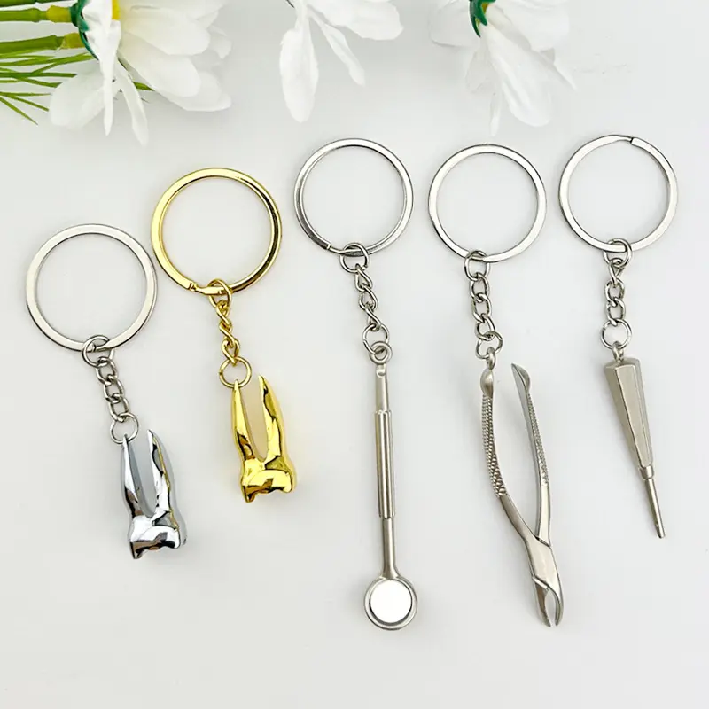 Artificial tooth keychain Dental promotion gift Hanging dental tools Keychain Dental mirror Dental pliers key chain