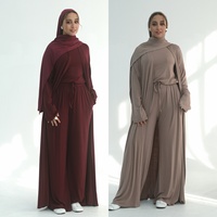 Islamische Kleidung Damen 3-teiliges Loungewear-Set Mode Lässiges Einfarbiges Cardigan-Top-Hosen-Set Jersey Muslimische Frauen Abaya-Set