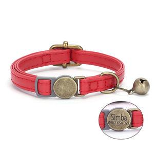 Venta al por mayor personalizado gato <span class=keywords><strong>Collar</strong></span> de lujo Retro grabado Metal Breakaway pequeño PU cuero mascota gato perro <span class=keywords><strong>Collar</strong></span> con campana - Product Image 6
