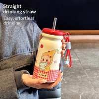 Mug Termos Vakum Berbentuk Bintang Desain Kartun Stylish Portabel dengan Lapisan Keramik dan Sedotan untuk Pelajar Wanita