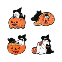 Broche créative en alliage pour Halloween en forme de citrouille, de fantôme et de chat noir - Accessoire élégant pour les occasions festives - Épinglette en émail