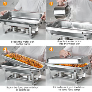 Ensemble de plats chauds en acier inoxydable avec couvercle à quatre charnières, bac à eau, support à combustible, compatible lave-vaisselle, roulettes à 4 roues, pour traiteur, fêtes et événements - Product Image 5