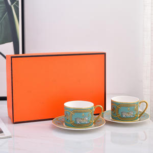 Tasses à café et soucoupes en céramique de luxe européenne, porcelaine osseuse pour 2 personnes, pour le salon et les cadeaux - Product Image 4
