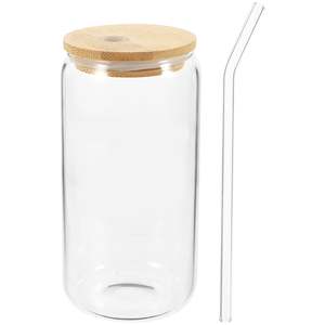 EE. UU. Botella de bebida de vidrio de 16oz Taza de jugo en forma de lata de paja transparente con cubierta de bambú para café frío - Product Image 1