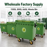 Poubelle commerciale en plastique HDPE de 660 L, robuste, à 4 roues avec couvercles, bac à déchets mobile écologique