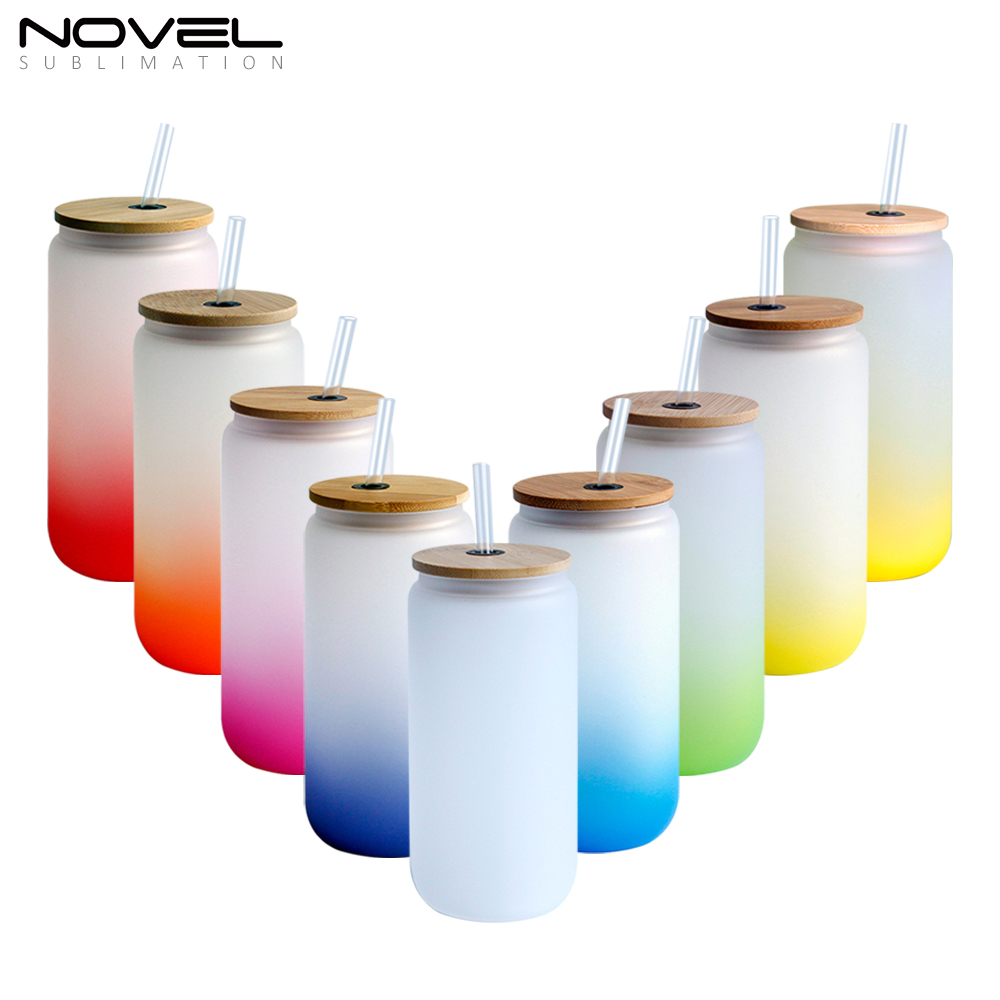 Стеклянный стакан с бамбуковой крышкой, кружка из матового стекла с цветным дном и соломинкой, без рисунка, 16 унций/12 унций