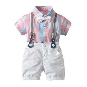 Vêtements personnalisés en coton pour garçons, costume formel pour l'été, vêtements pour bébés garçons, <span class=keywords><strong>short</strong></span> et haut, bretelles avec nœud papillon - Product Image 1