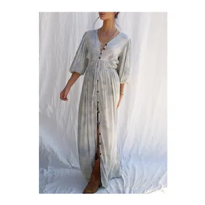 Batik % 100% rayon uzun kollu elbise düğme aşağı boho chic bohemian maxi elbise