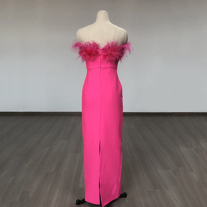 Customized 2025 Spring Women's Sexy Tube <strong>Top</strong> Slim Ostrich <strong>Feathers</strong> Splicing Dress Long Floor Length Evening Dress - Product Image 3