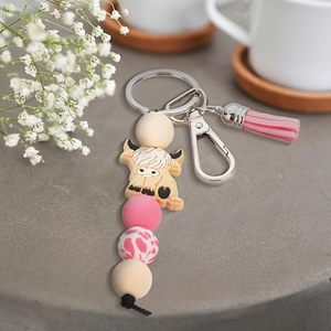 Porte-clés perlé avec pompon motif vache des Highlands – Charme animal mignon pour sacs à dos, voitures, clés – Idéal pour toutes les occasions - Product Image 3
