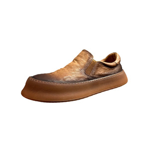 European Style Men's Retro Pleated Cowhide <b>Round</b> Toe Platform Loafers Brown Black Slip-On <b>Cushioned</b> Mid-Heel Casual Shoes - Product Image 1