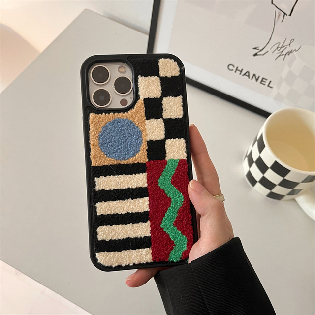 Anti-Fall Embroidered Plush Geometric Graphics Mobile Phone Case for Iphone 12 13 14 15 16 Pro Max