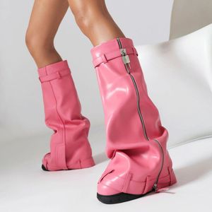 Nuevas <span class=keywords><strong>botas</strong></span> hasta la rodilla a la moda para mujer, pantalones de corte decorados <span class=keywords><strong>con</strong></span> cierre <span class=keywords><strong>con</strong></span> plataforma de punta redonda, Material suave para Otoño e Invierno - Product Image 1