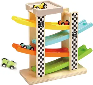 बच्चों की प्रारंभिक शिक्षा के लिए लकड़ी के मजेदार चार ट्रैक ग्लाइडिंग कार खिलौने