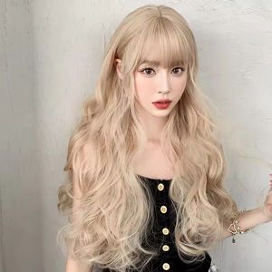 Perruque blonde avec frange, synthétique de luxe, longue, ondulée, sans dentelle, 24 pouces, résistante à la chaleur, style crépu bouclé, crochet, fabriquée en Chine - Product Image 3