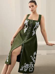 Robe en coton tissé vintage bohème pour femmes, lavable, sexy, col profond, broderie, coupe régulière, style ethnique, robe de soirée - Product Image 2