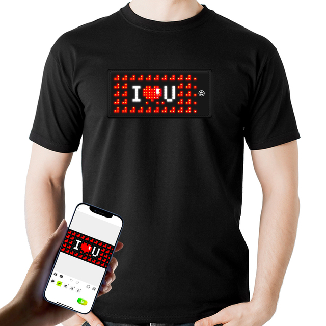 Unisex Black Cotton Programmable 16x32 Pixel Full Color LED T-Shirt Wireless APP Control for Concerts Parties Halloween