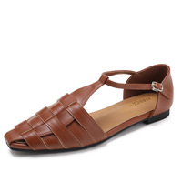 Sandales plates d'été pour femmes, nouveau style 2026, tissées, ajourées, à fermeture à bouton unique, respirantes, en PU, chaussures romaines tendance pour les vacances