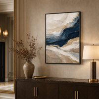 Peinture abstraite bleu marine et or texturée sur toile encadrée, grande décoration murale de luxe nordique moderne pour la maison ou le bureau