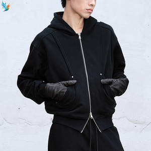 Vente en gros éponge française délavé à l'acide gris 100% coton vieilli teint à froid Boxy Crop fermeture éclair complète sweat à capuche vierge pour hommes - Product Image 2